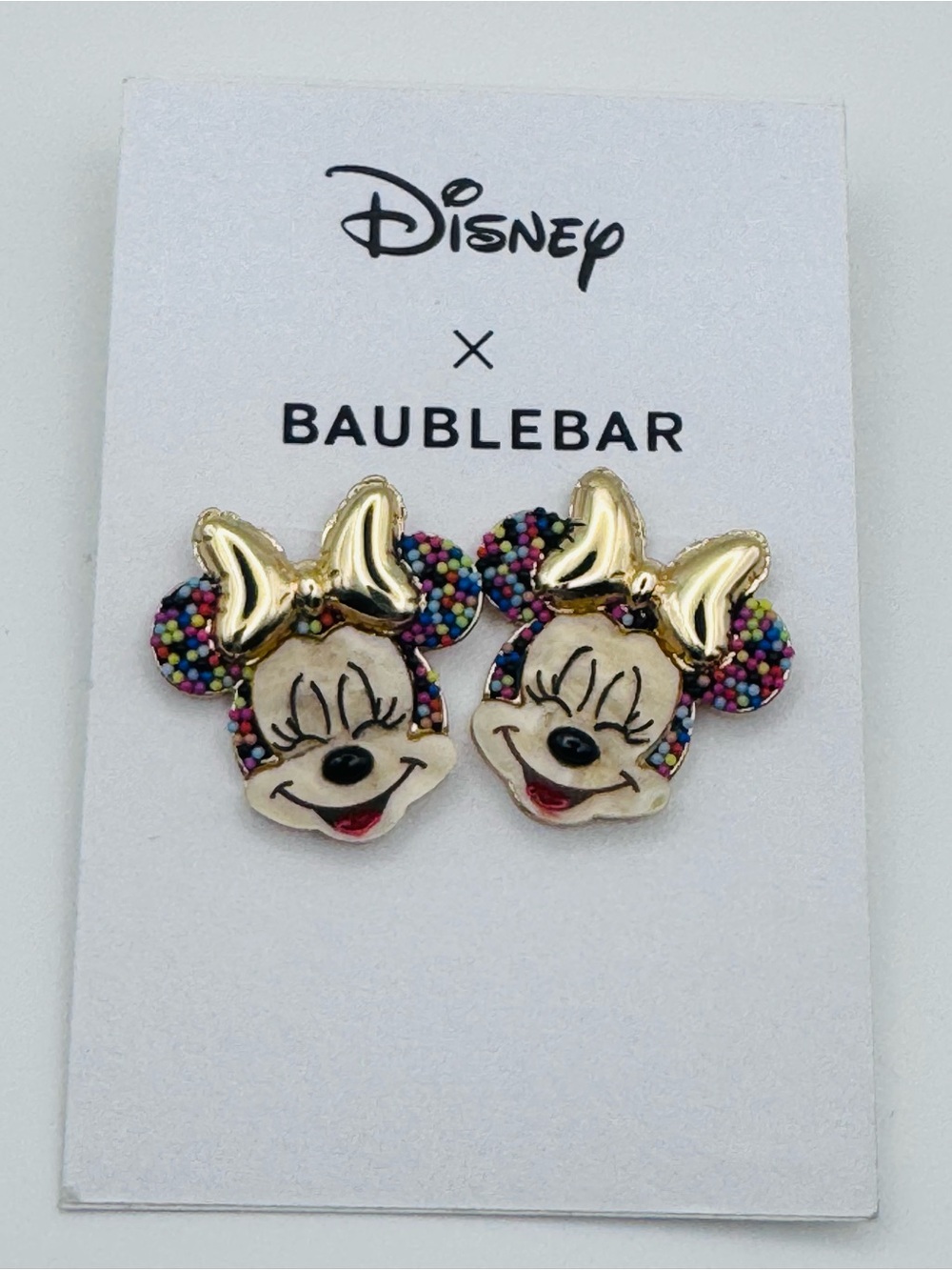 Disney x Baublebar Minnie Mouse BirthdayGold Bow Stud Earrings w/ Confetti Ear